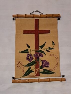 Beige Tapestry Wall Hanging with Red-Brown Cross and Purple Floral Embroidery